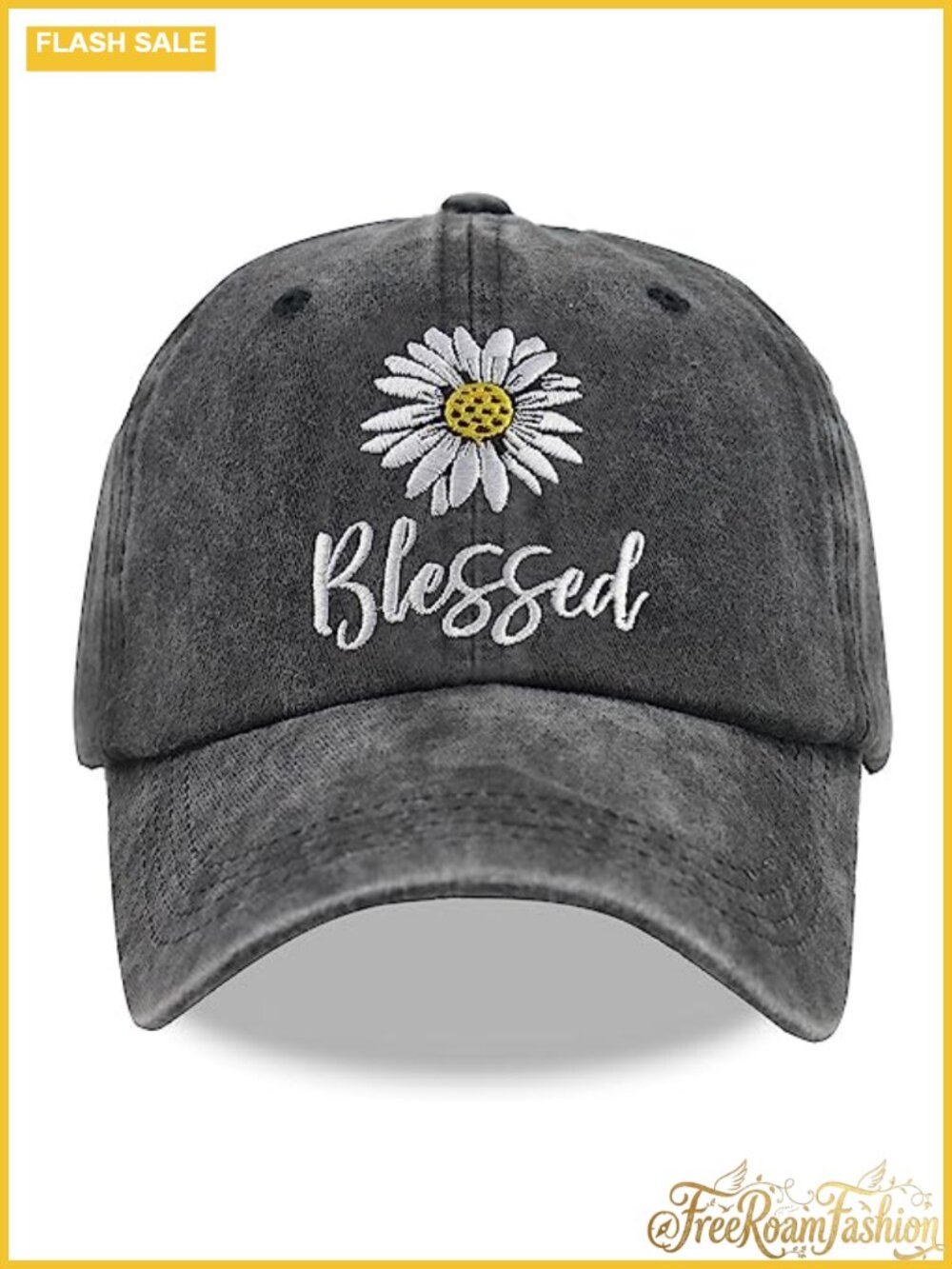 Embroidered Daisy Blessed Vintage Washed Cotton Baseball Cap Adjustable